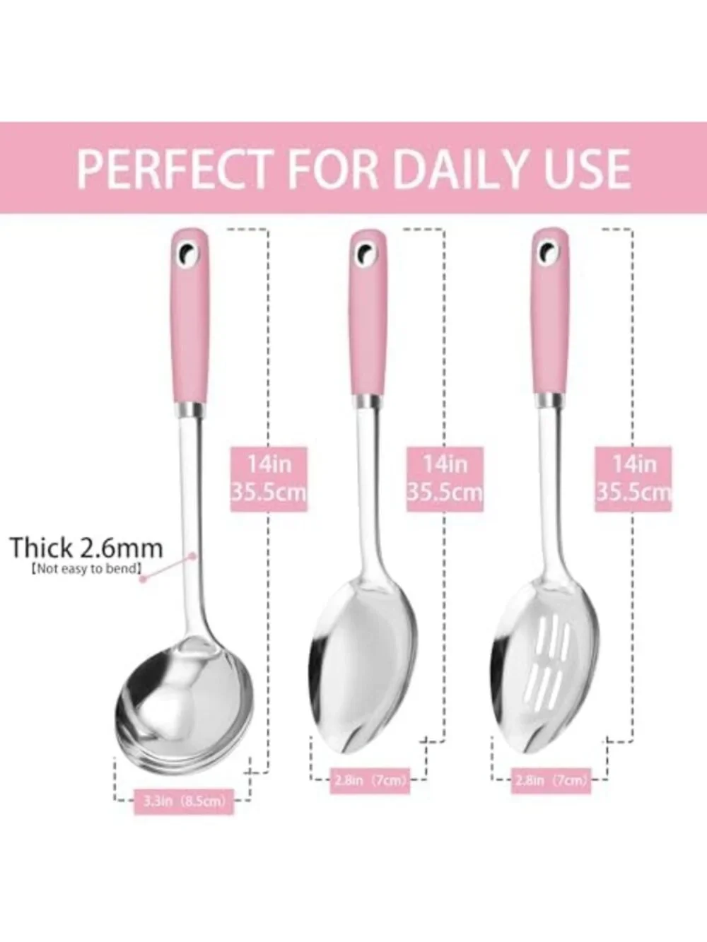14-Piece Pink Cooking Spoon Set - Heavy Duty Stainless Steel, Slotted & Ladle